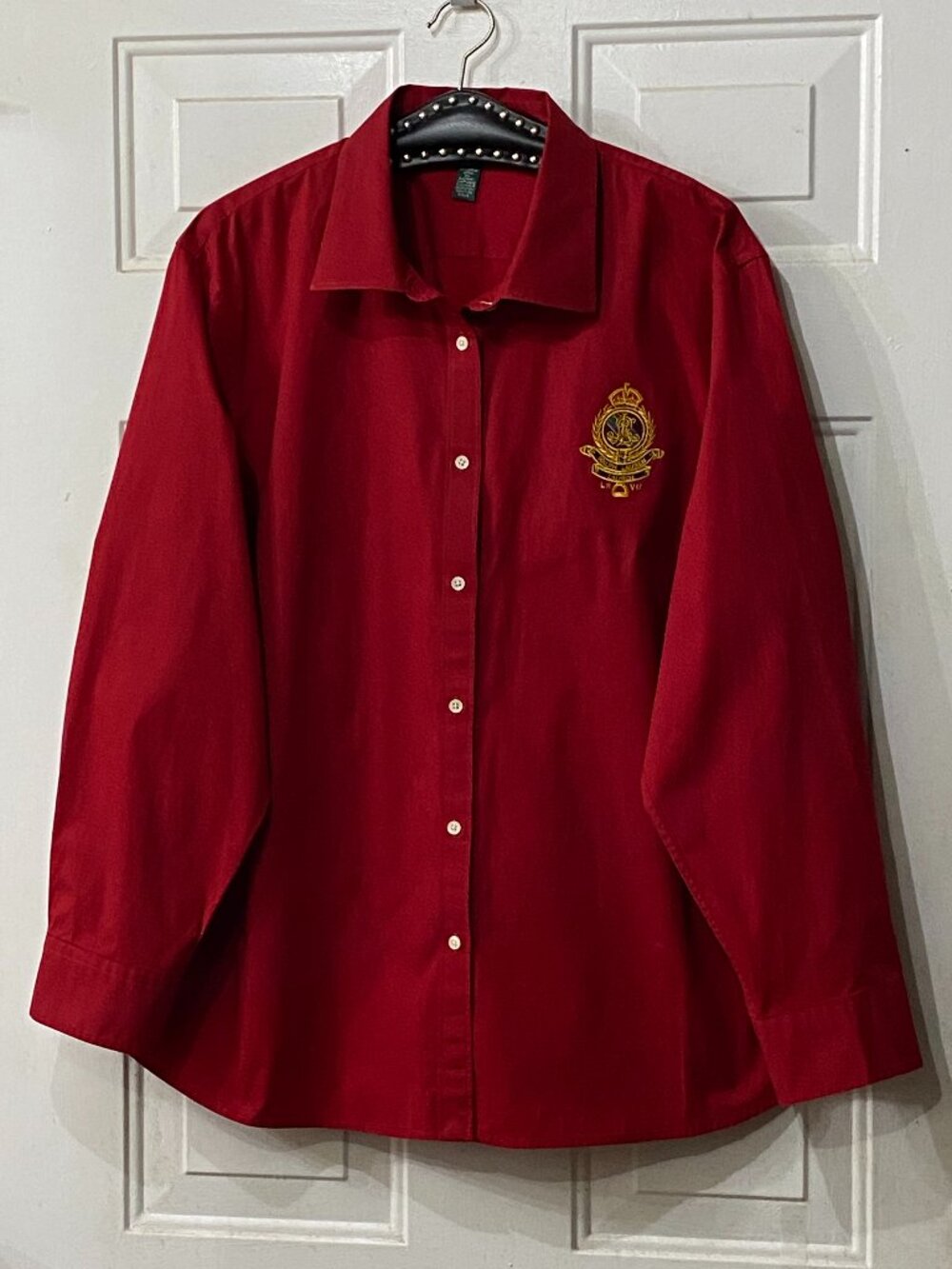 Lauren Ralph Lauren Sz 3X Women Red Button Up Shirt Long Sleeve Crown Crest Logo